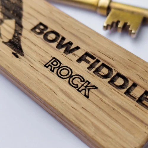 Close up view of the Bow Fiddle Rock Text on the Keyring